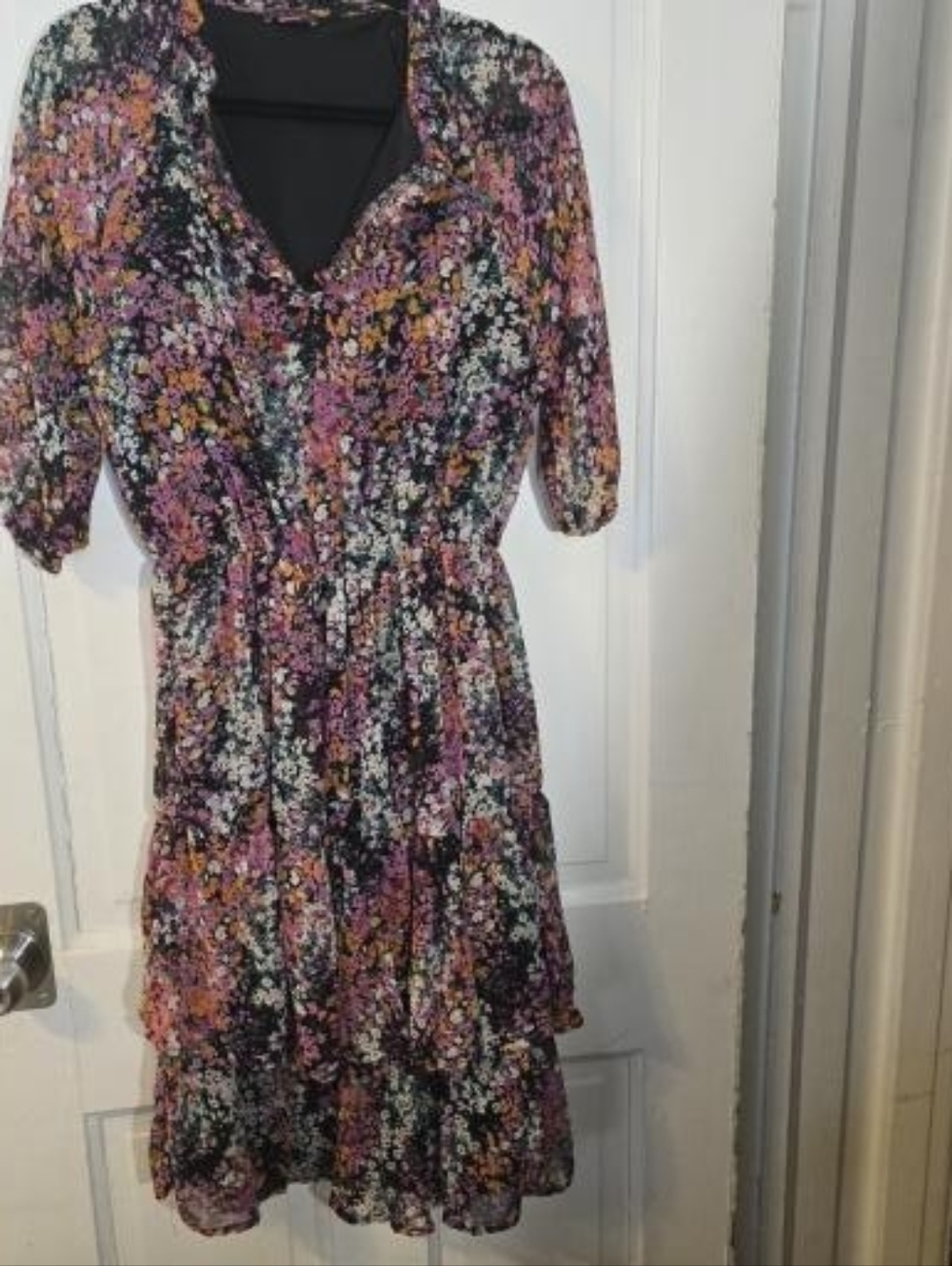Vince Camuto XL Floral Sheer Midi Dress Ruffle Neck 3/4 Sleeve Multicolor Women